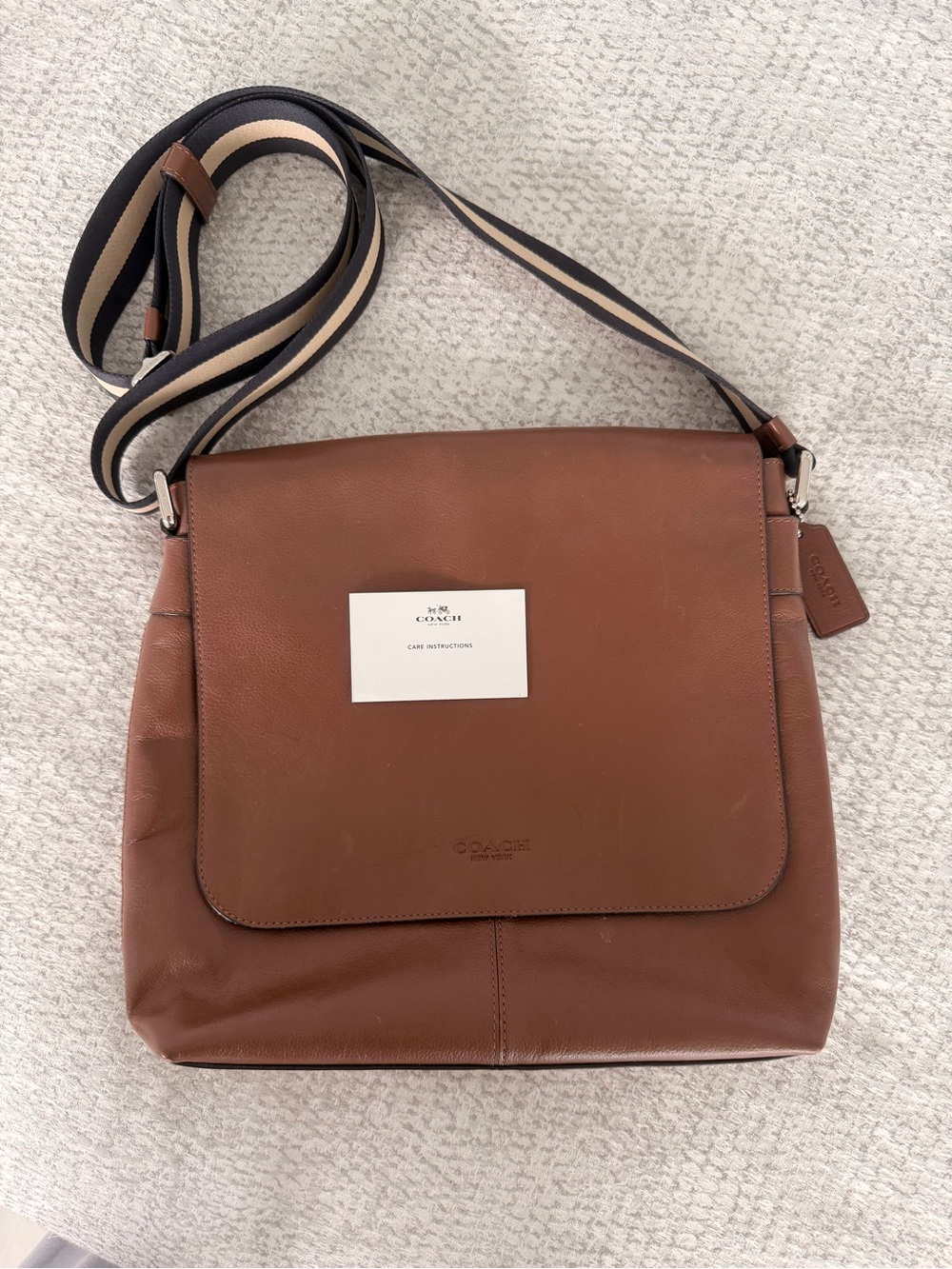 Coach Tan Leather Messenger Crossbody Bag with Striped Adjustable Strap
